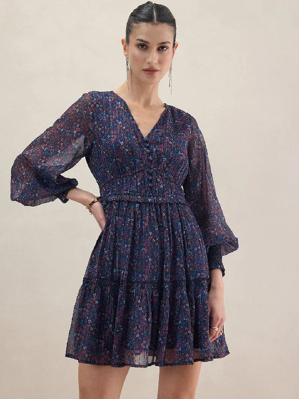 Blue Lurex Floral Tiered Mini Dress