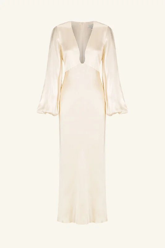 LA LUNE PLUNGED NECK BALLOON SLEEVE MIDI DRESS - CREAM
