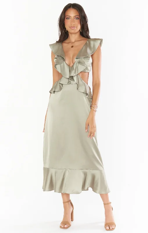 Zoey Midi Dress ~ Moss Green Luxe Satin Zoey Midi Dress ~ Moss Green Luxe Satin