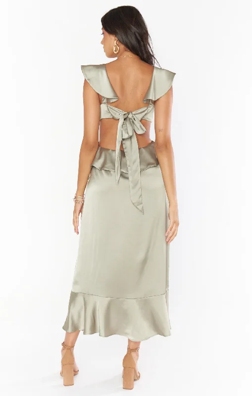 Zoey Midi Dress ~ Moss Green Luxe Satin Zoey Midi Dress ~ Moss Green Luxe Satin