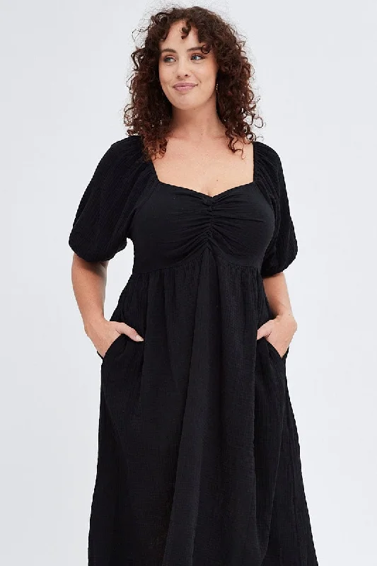 Black Midi Dress Crushed Cotton Puff Sleeve