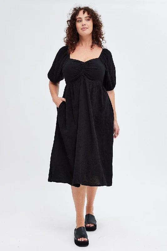 Black Midi Dress Crushed Cotton Puff Sleeve