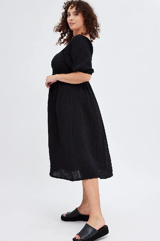 Black Midi Dress Crushed Cotton Puff Sleeve