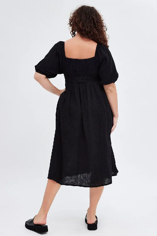 Black Midi Dress Crushed Cotton Puff Sleeve