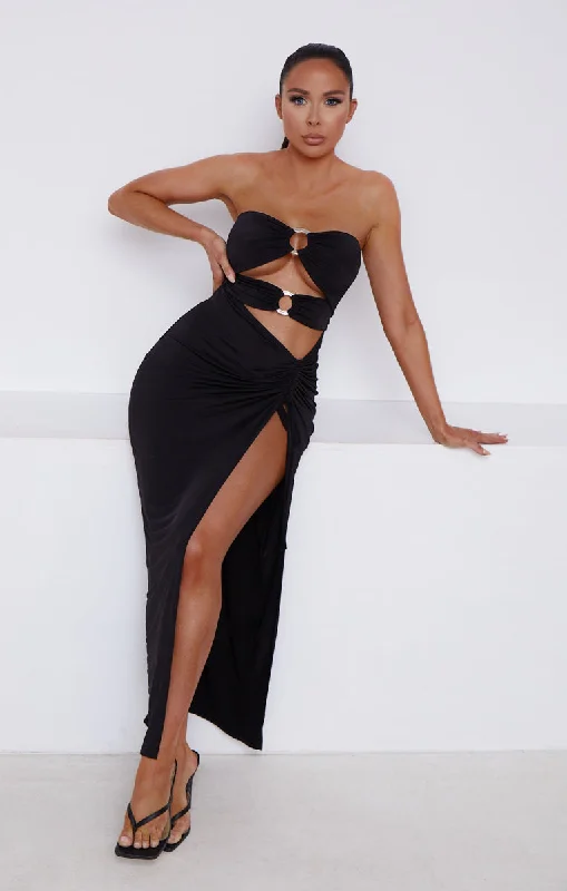 Black Strapless Cut Out Ruched Side Split Bodycon Maxi Dress - Mei