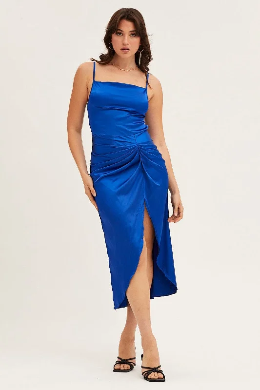 Blue Cowl Neck Party Midi Dress