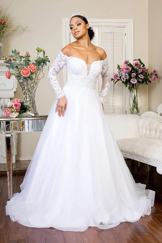 Long Sleeve Off Shoulder Mesh Wedding Gown