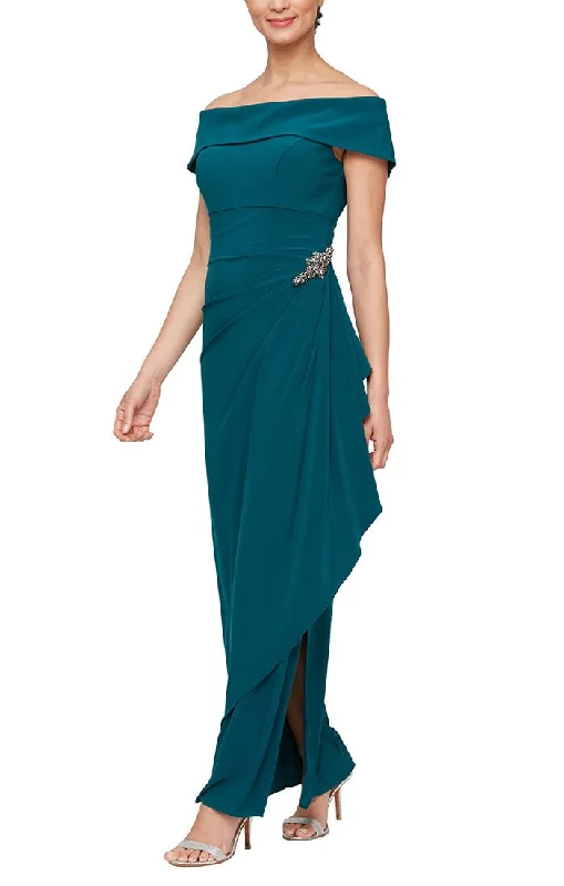 Long Off-the-Shoulder Matte Jersey Dress with Foldover Cuff, Embellishment Detail at Hip and Cascade Ruffle Skirt