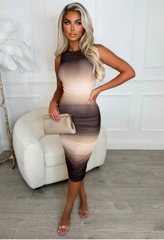 Mysterious Lover Brown Ombre Double Lined Stretch Ruched Midi Dress