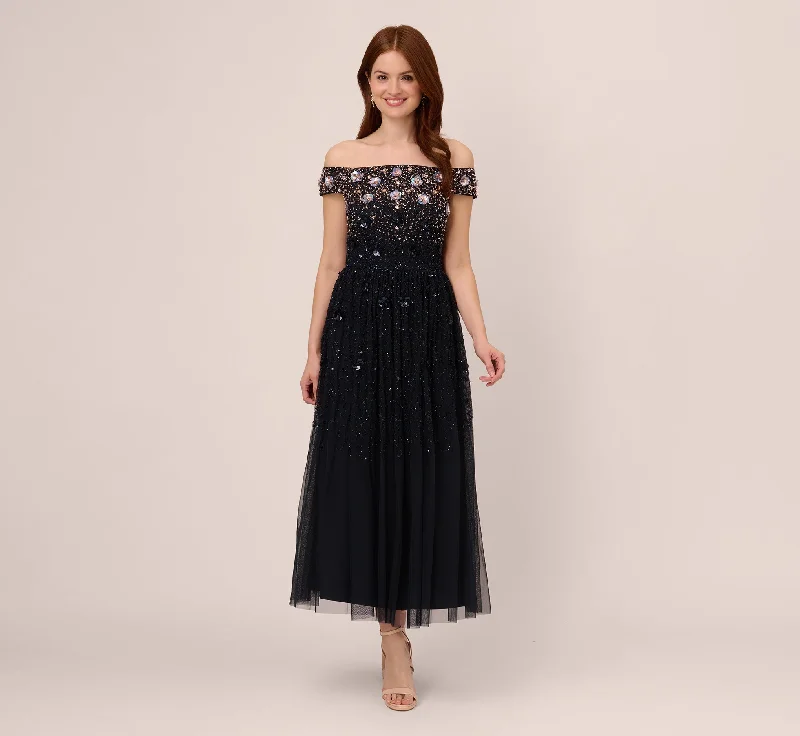 Off The Shoulder Ankle-Length Beaded Dress With Sequin Rosettes In Navy Rosegold