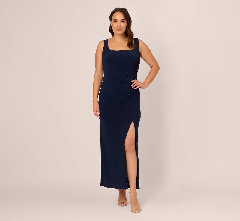 Plus Size Sleeveless Jersey Gown With Embellished Lace Cowl Back In Midnight