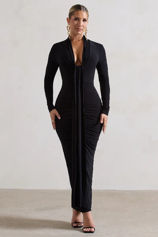 Risha | Black Plunge-Neck Long-Sleeve Drape Maxi Dress